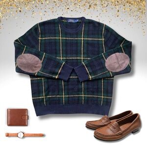 Polo Ralph Lauren Archival Blackwatch Wool Sweater w/ Suede Elbow Patches | L